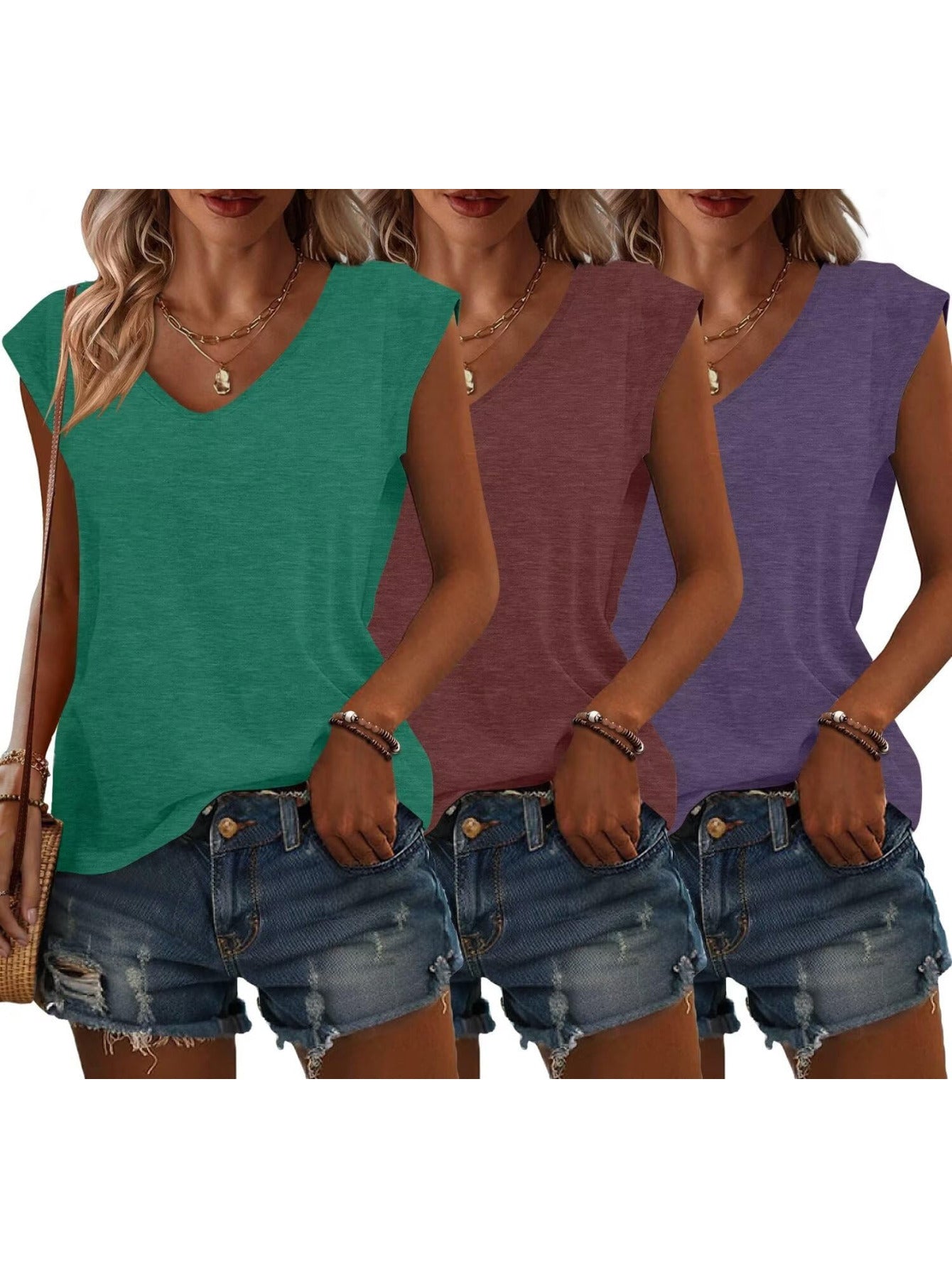 Bliwov 3 Pack Women's Cap Sleeve Tank Tops U Neck Spring Summer Tops Casual Loose Fit Basic Tee Shirts 2024 Fashion Clothes
